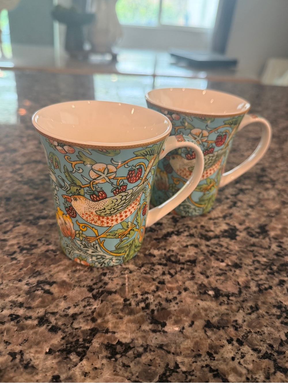William Morris Blue Botanical Bird Ceramic Mugs - Set of 2 Teacups